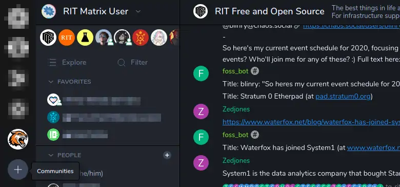 Screenshot of Communities button in Riot.im web client