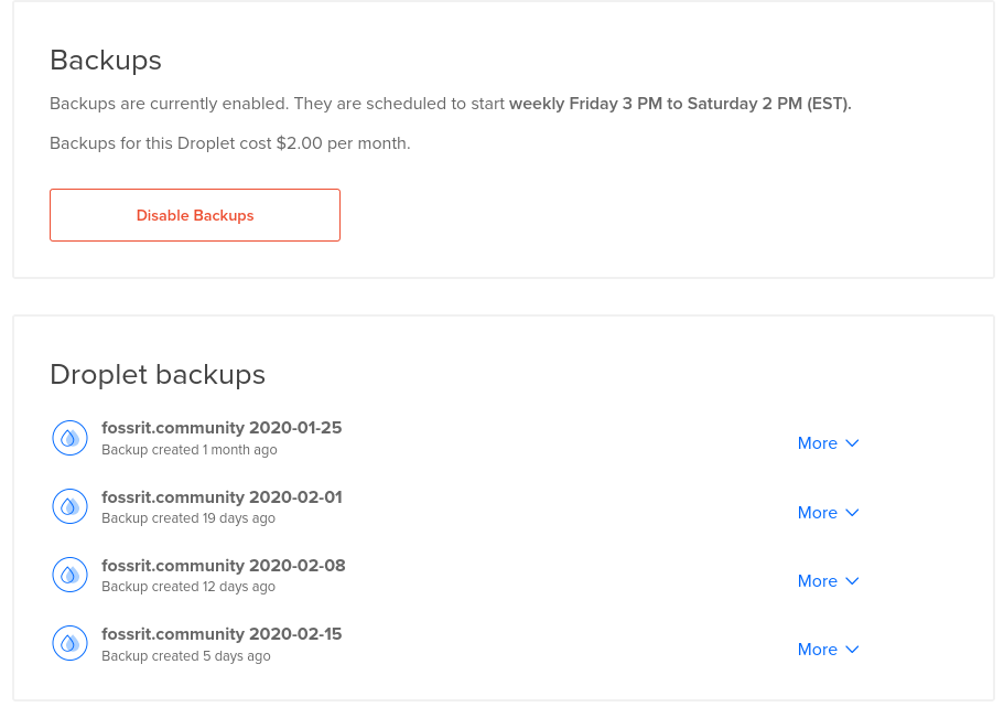Screenshot of Discourse Droplet backup configuration and history of recent backups in DigitalOcean admin interface