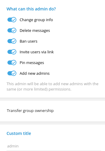 Screenshot from Telegram Desktop when adding a new admin to a group
