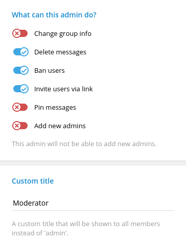 Screenshot from Telegram Desktop when adding a new moderator to a group